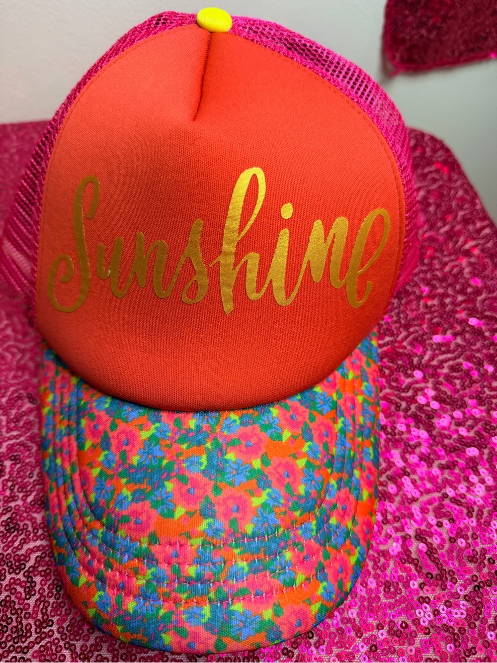 Neon Pink & Orange 'Sunshine' Floral Trucker Hat